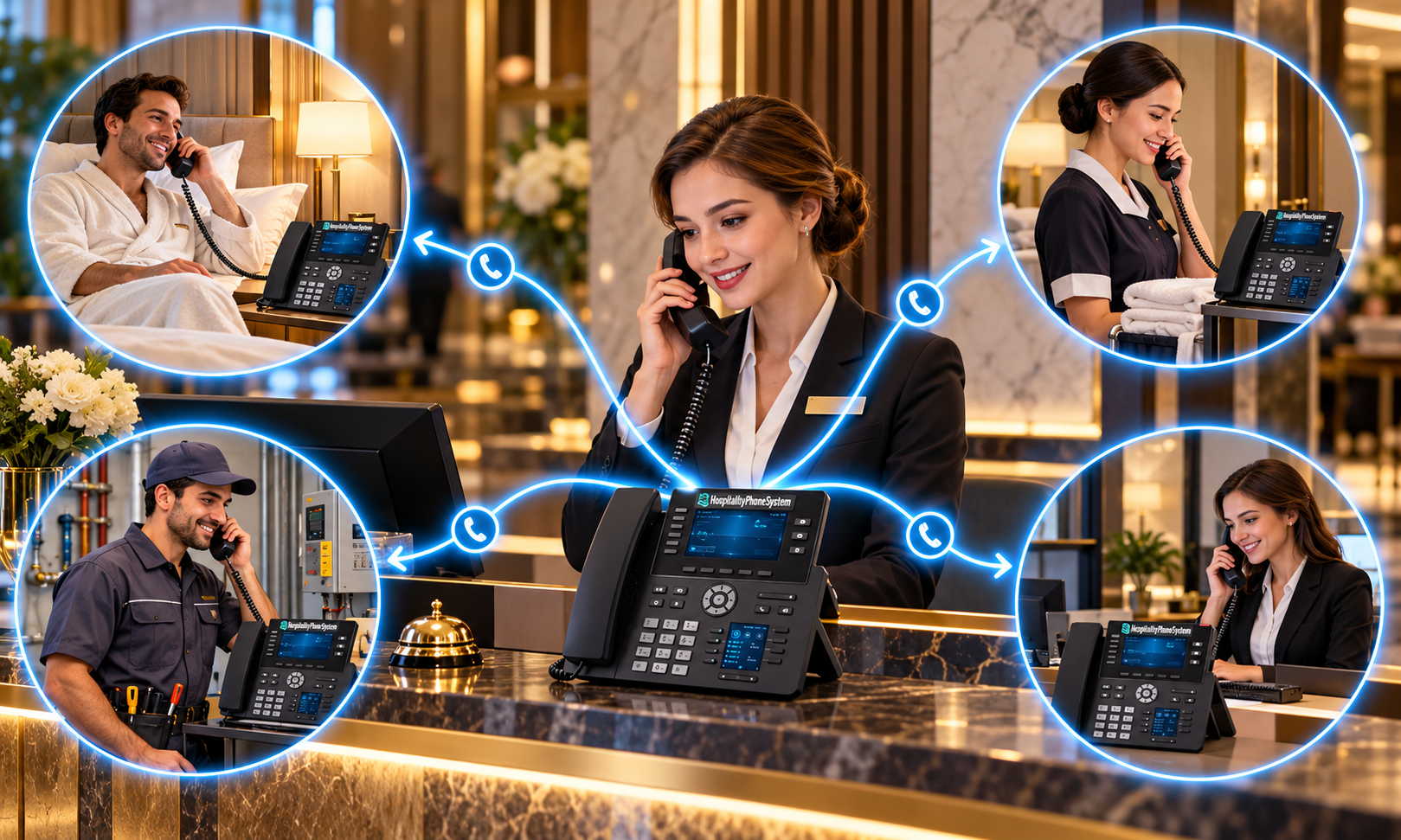 Hotel reception managing incoming telephone calls